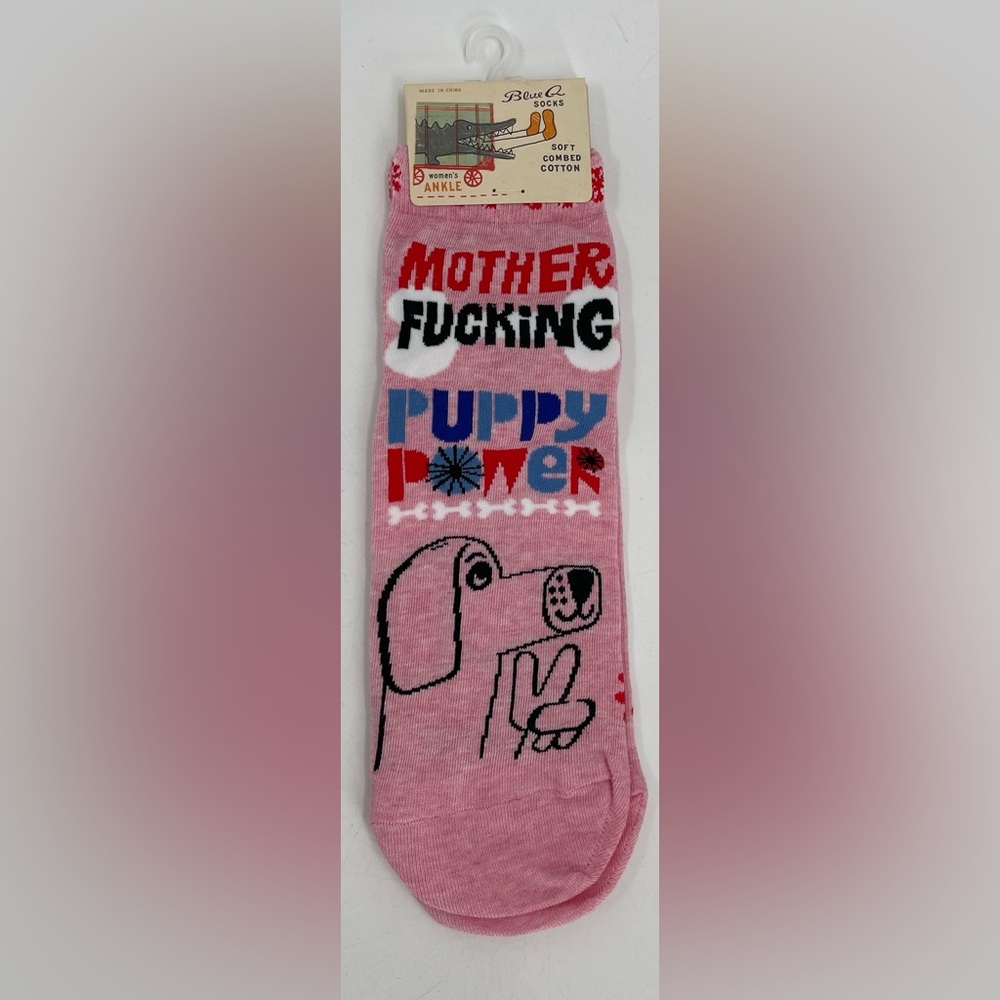 Blue Q “Mother F*cking Puppy Power” Crew Socks Pink Women's Sz 5-10 Flowers NWT